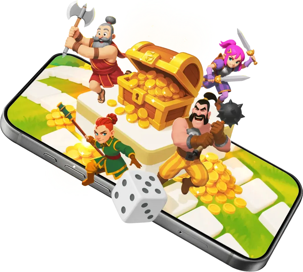 The Ludo Hero board, treasure chest, and all four heroes bursting out of a phone